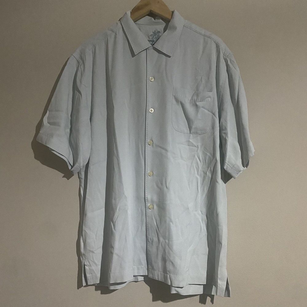 Tommy Bahama Shirt mens Large Blue 100% Silk Button Short Sleeve Relax
